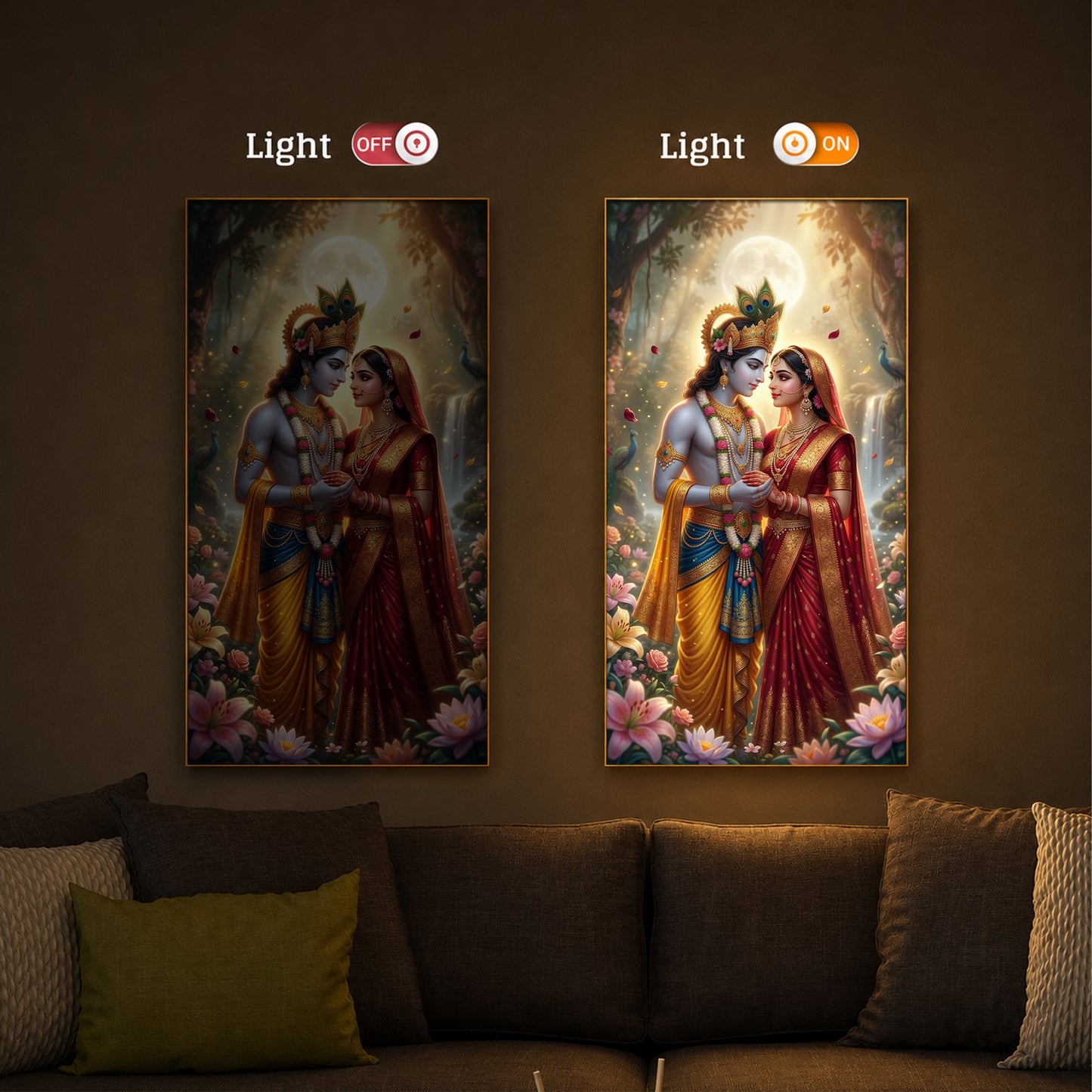 Loving Radha Krishna Ji Modern Luxury Backlight Vertical Wall Art