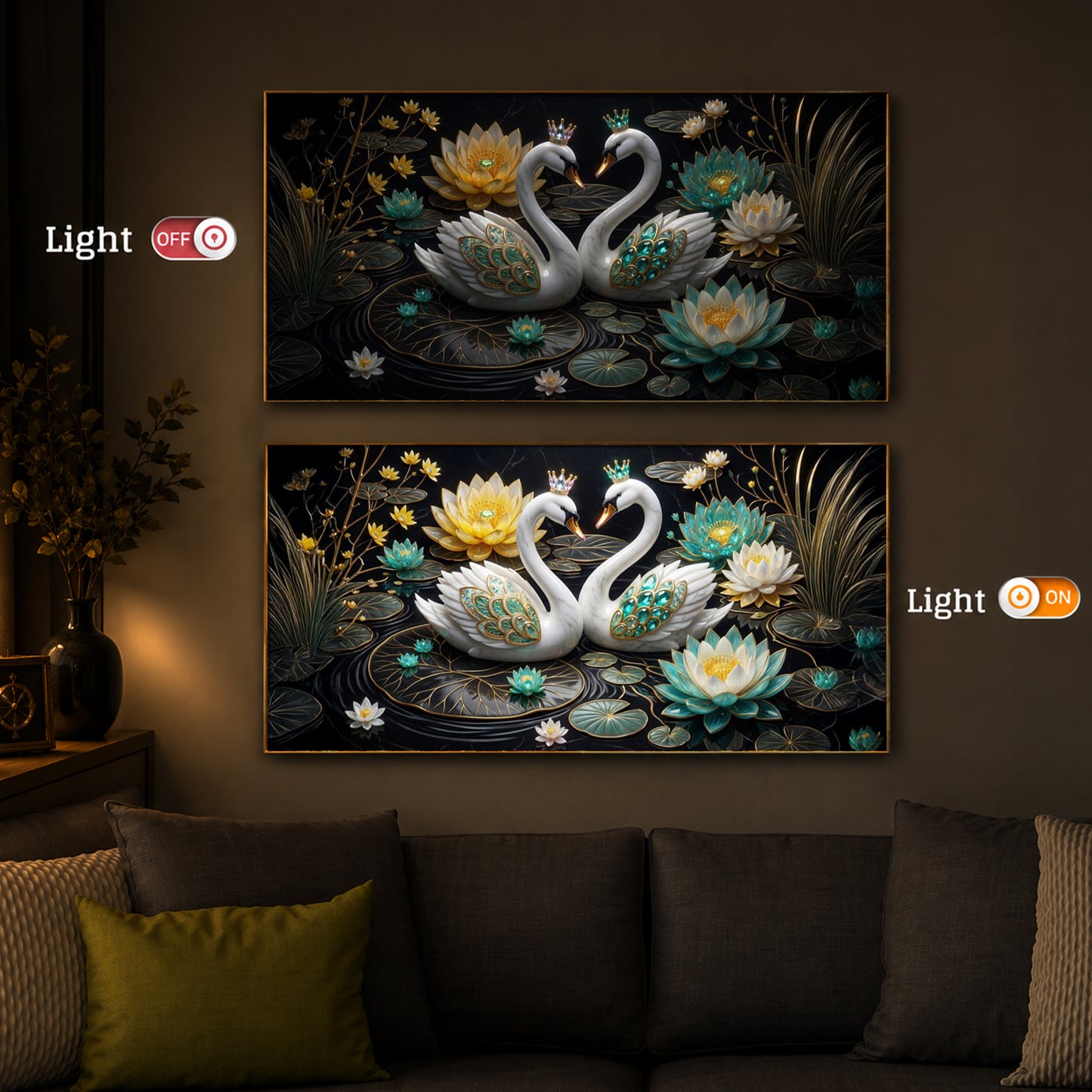 Pair Of White Swans Modern Luxury Backlight Horizontal Wall Art