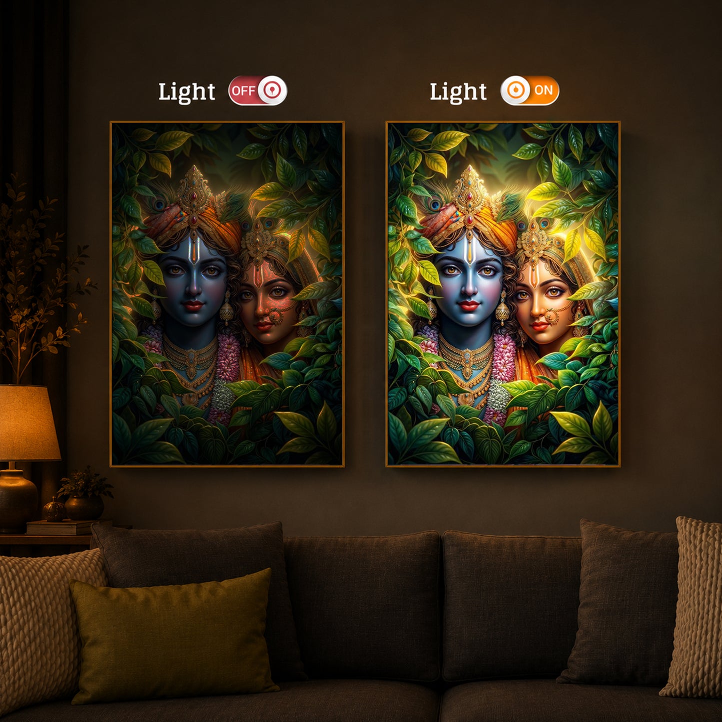Lord Radha Krishna With Nature Modern Luxury Backlight Vertical Wall Art