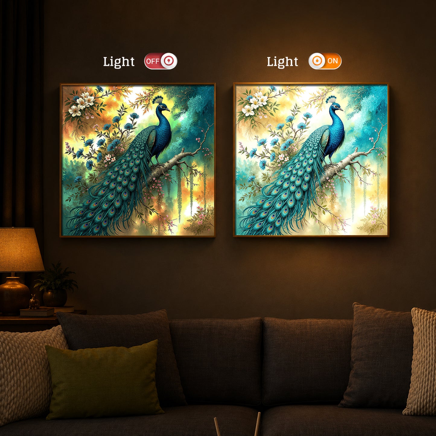 Peacock Perch Art Modern Luxury Backlight Square Wall Art