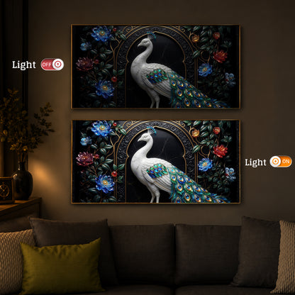 Majestic Peacock With Flower Modern Luxury Backlight Horizontal Wall Art