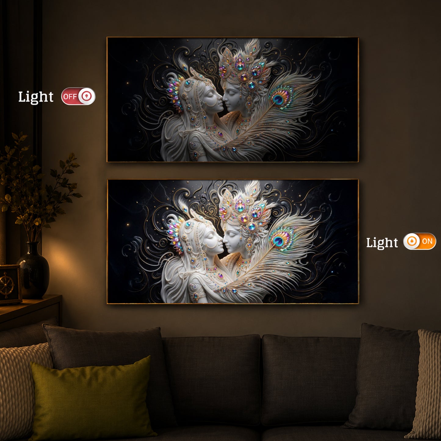 Depicts Radha Krishna Modern Luxury Backlight Horizontal Wall Art