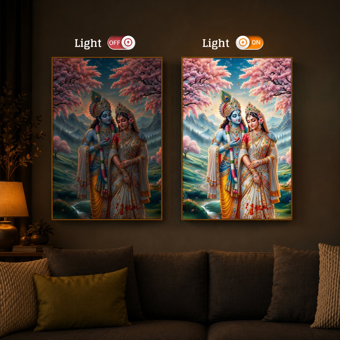 Radha Krishna Standing Together Modern Luxury Backlight Vertical Wall Art