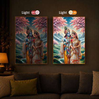 Radha Krishna Standing Together Modern Luxury Backlight Vertical Wall Art