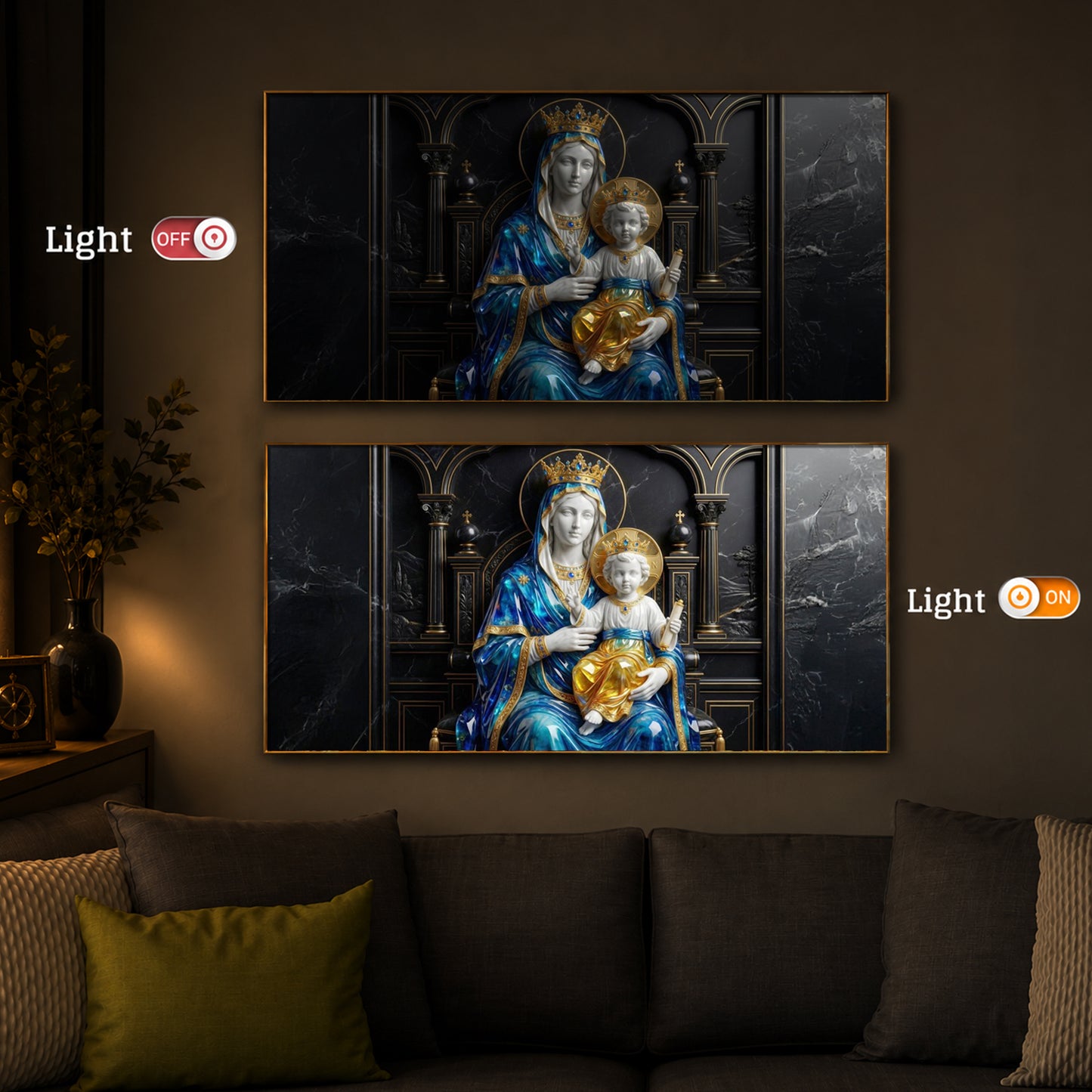 Mother Mary Holding Baby Jesus Modern Luxury Backlight Horizontal Wall Art