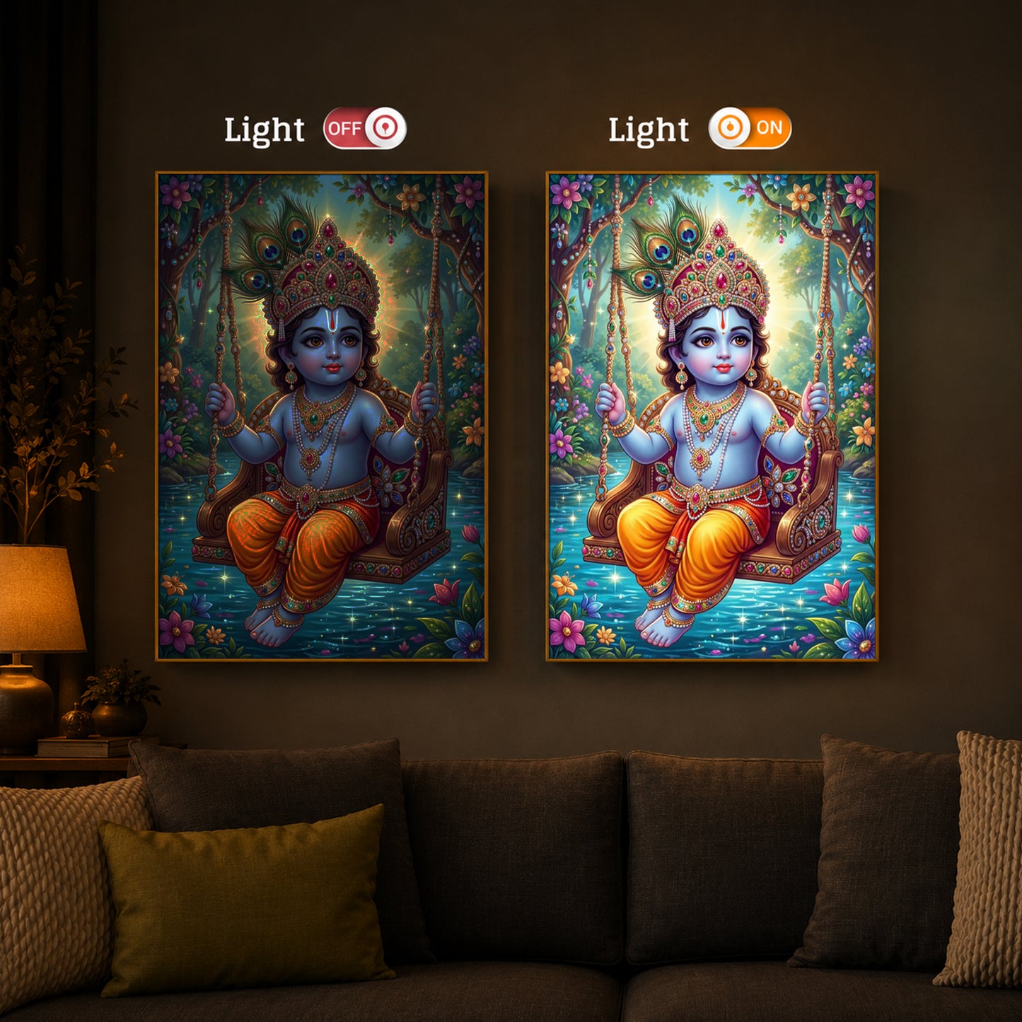 Divine Lord Krishna Modern Luxury Backlight Vertical Wall Art