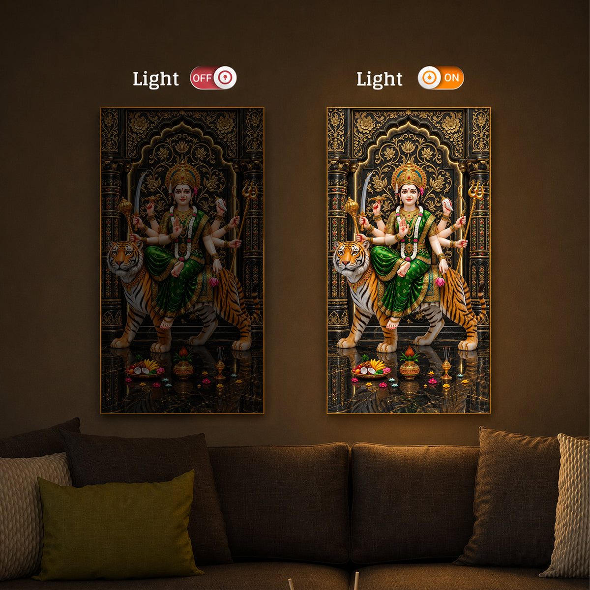 Maa Durga In Green Saree Modern Luxury Backlight Vertical Wall Art