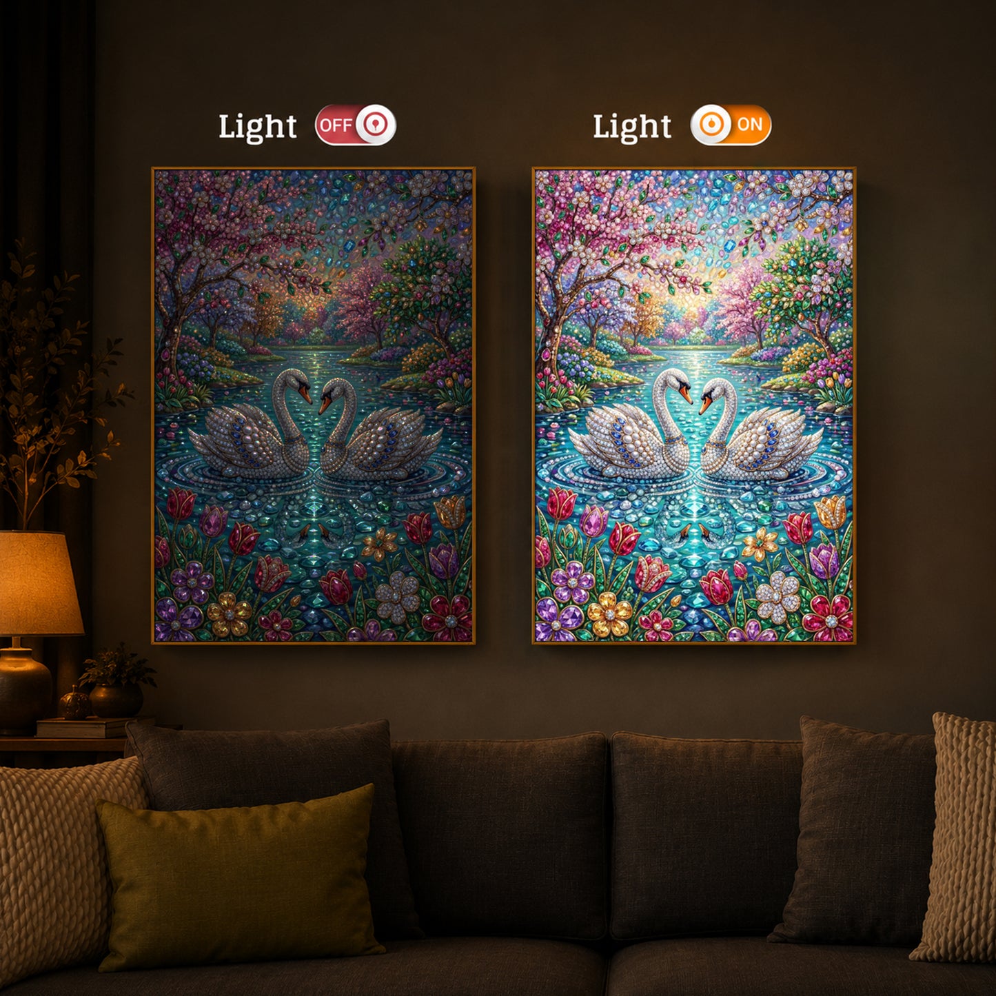 Pair Of Swans Modern Luxury Backlight Vertical Wall Art