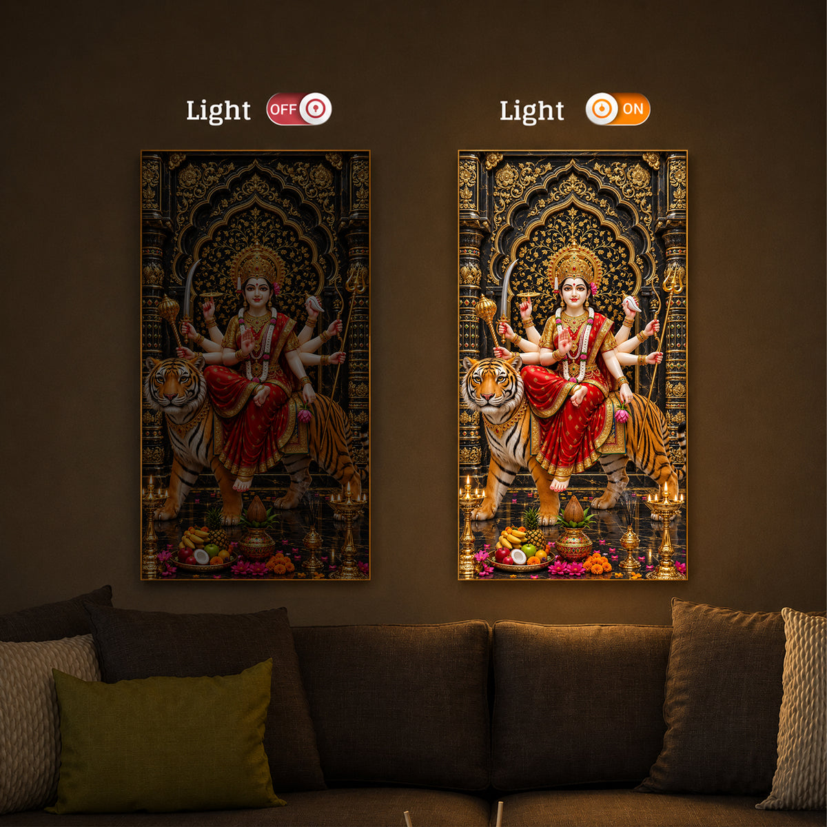 Ashtabhuja Durga Modern Luxury Backlight Vertical Wall Art