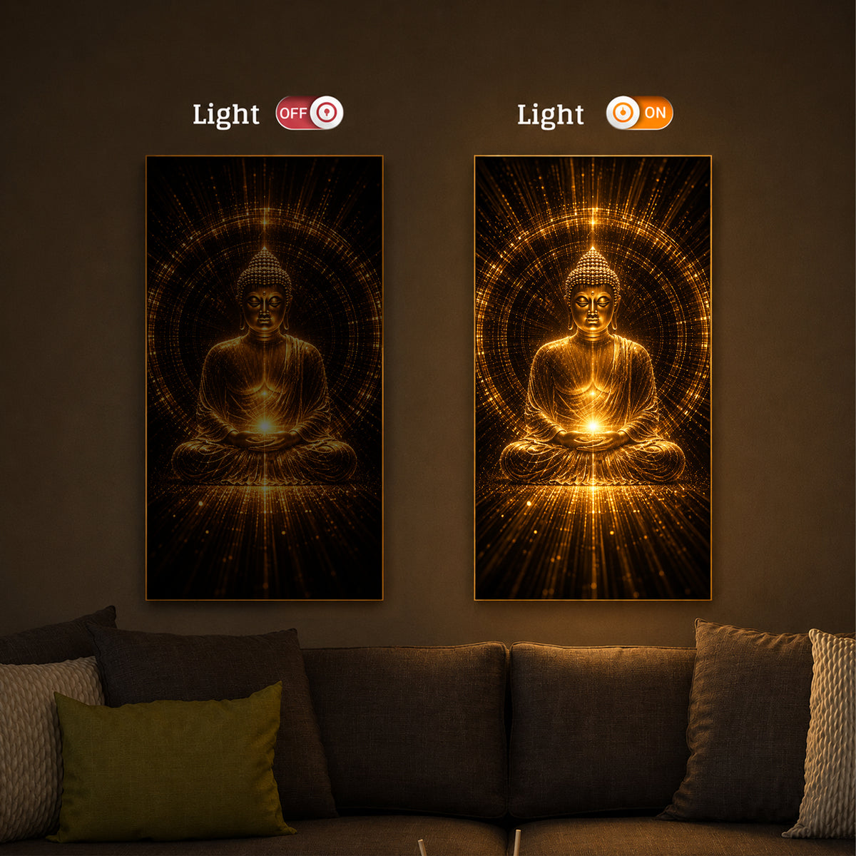 Golden Buddha Meditation Posture Modern Luxury Backlight Vertical Wall Art