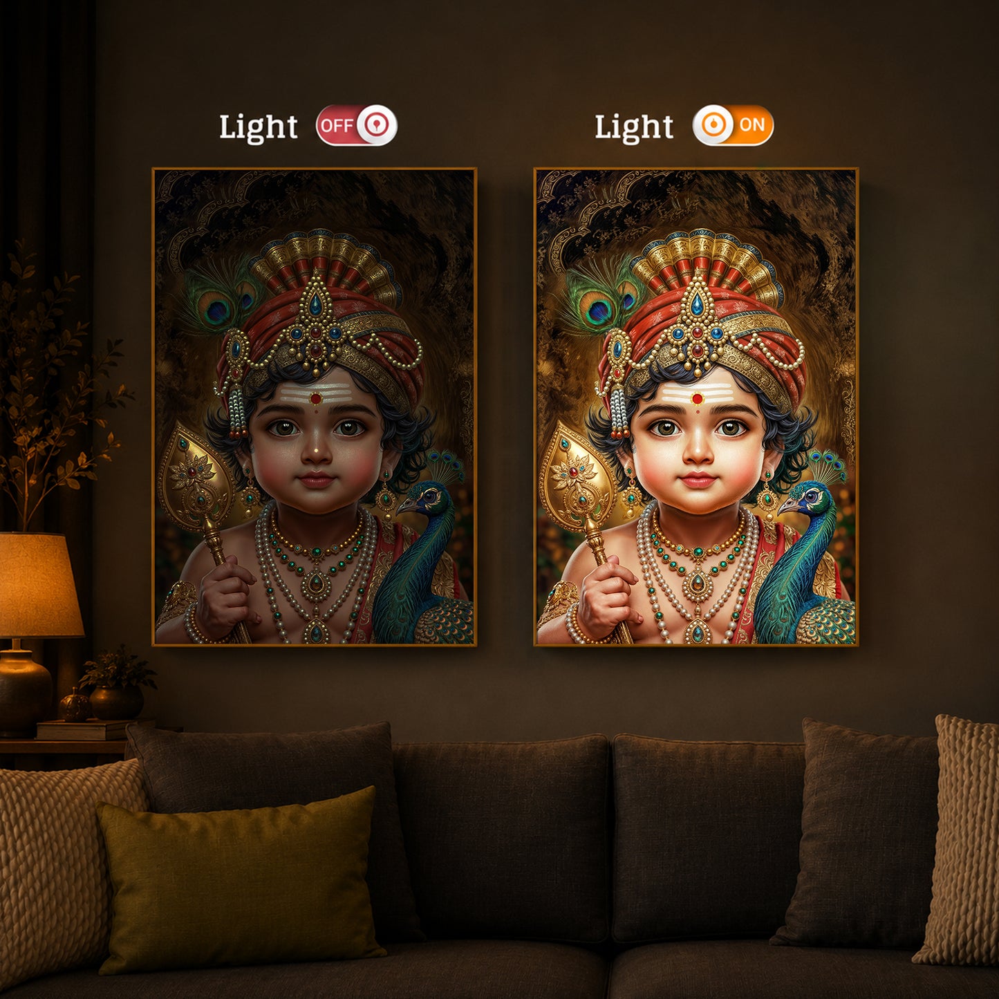 Little Murugan With Peacock Modern Luxury Backlight Vertical Wall Art