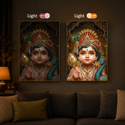 Little Murugan With Peacock Modern Luxury Backlight Vertical Wall Art