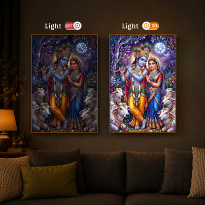 Lord Radha Krishna With Flute Modern Luxury Backlight Vertical Wall Art