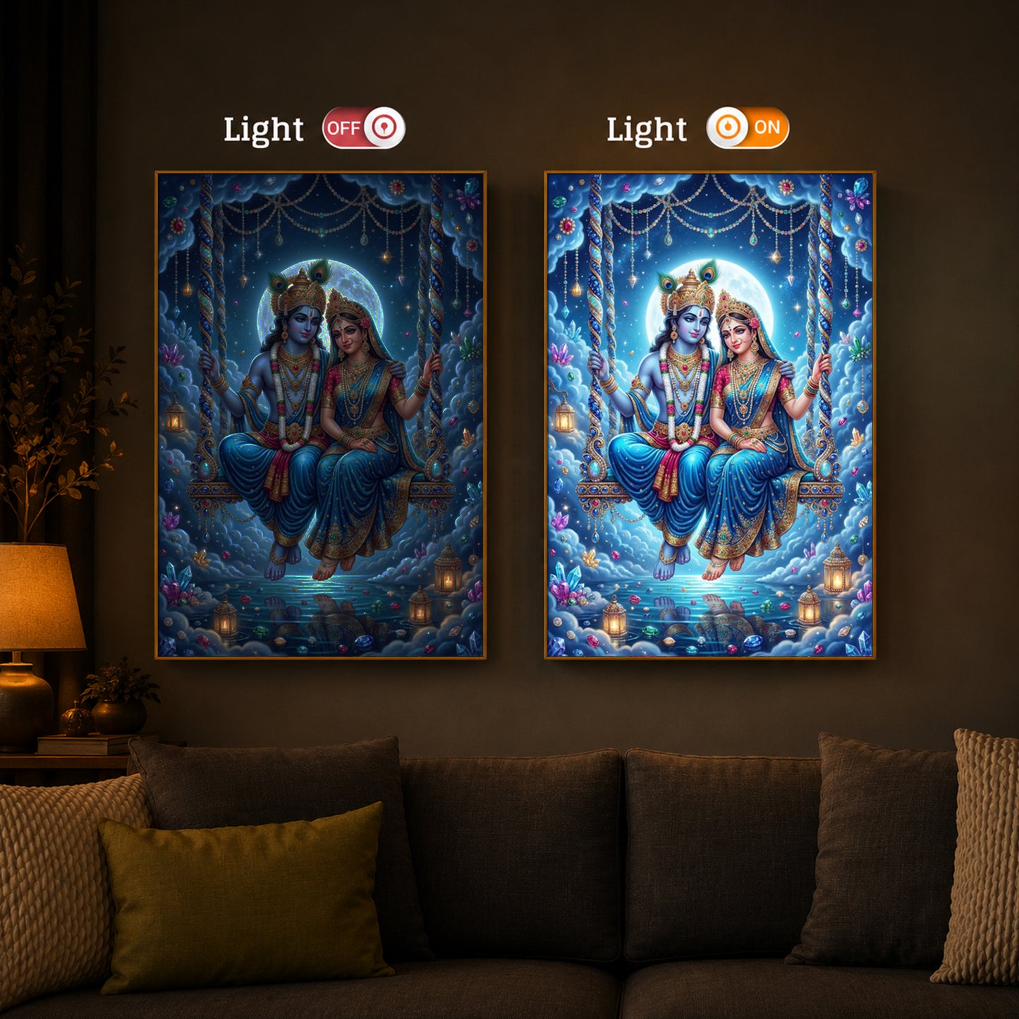 Hindu Deities Radha Krishna Modern Luxury Backlight Vertical Wall Art