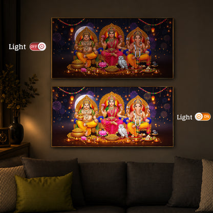 Lord Kubera,Goddess Lakshmi & Lord Ganesha Modern Luxury Backlight Horizontal Wall Art