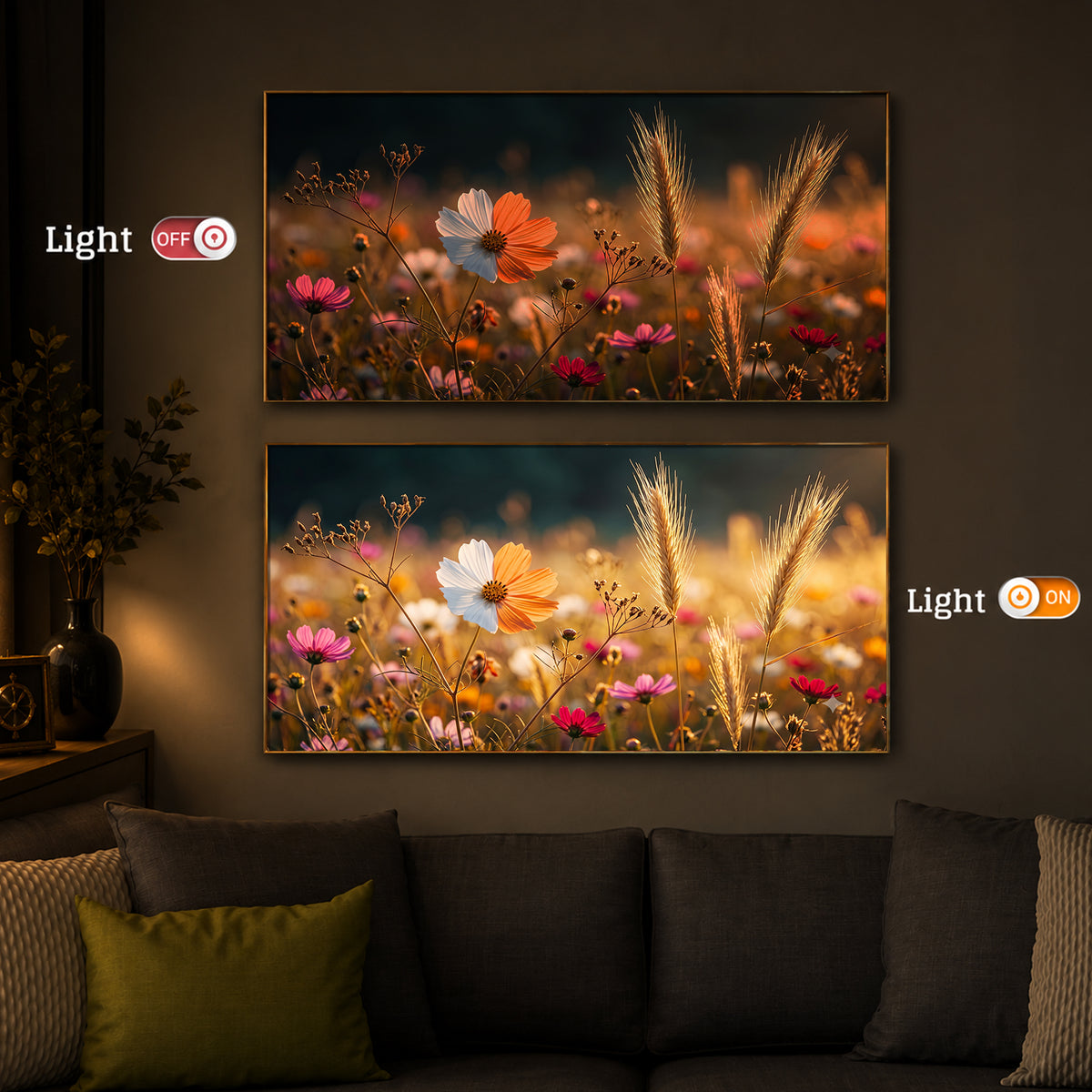 Golden Wildflower Meadow Modern Luxury Backlight Horizontal Wall Art