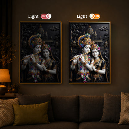 Radha Krishna With Floral Garlands Modern Luxury Backlight Vertical Wall Art