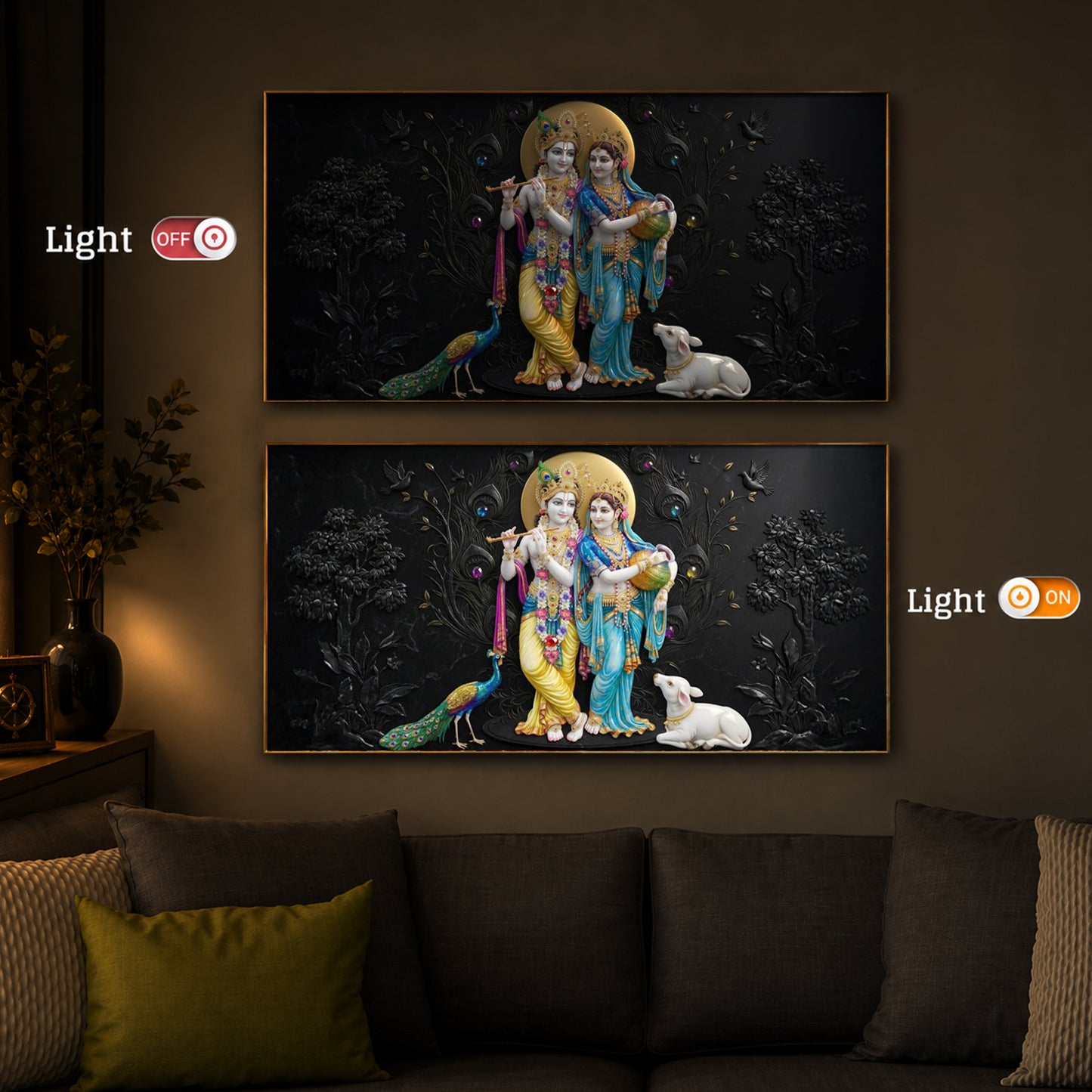 Depicting Radha Krishna Modern Luxury Backlight Horizontal Wall Art
