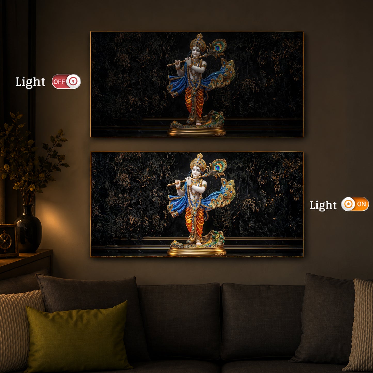 Lord Krishna With Flute Modern Luxury Backlight Horizontal Wall Art