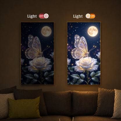 Butterfly On White Rose Modern Luxury Backlight Vertical Wall Art