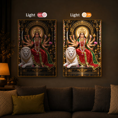 Maa Durga With White Lion Modern Luxury Backlight Vertical Wall Art