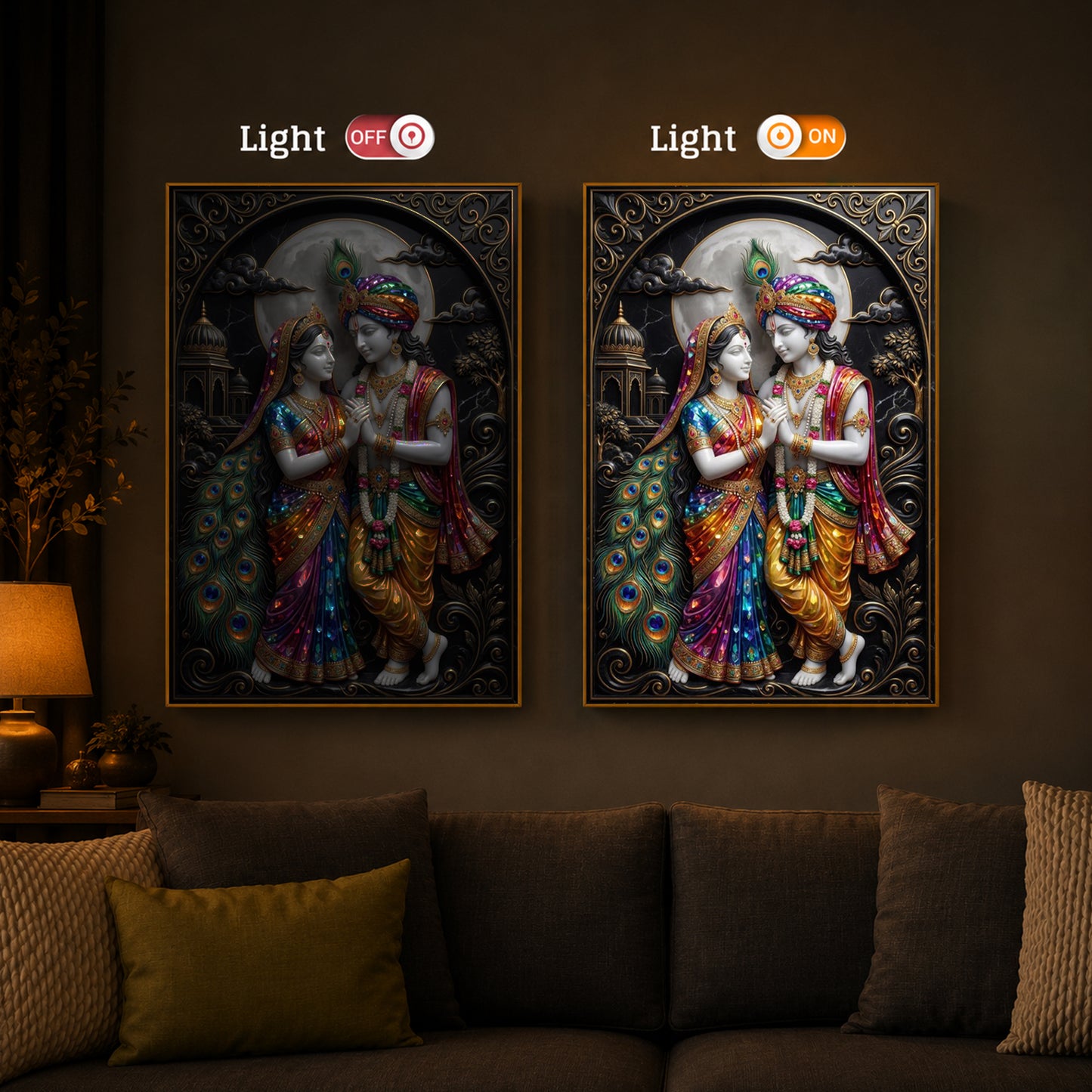 Radha Krishna With Moon Modern Luxury Backlight Vertical Wall Art