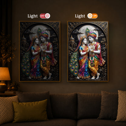 Radha Krishna With Moon Modern Luxury Backlight Vertical Wall Art