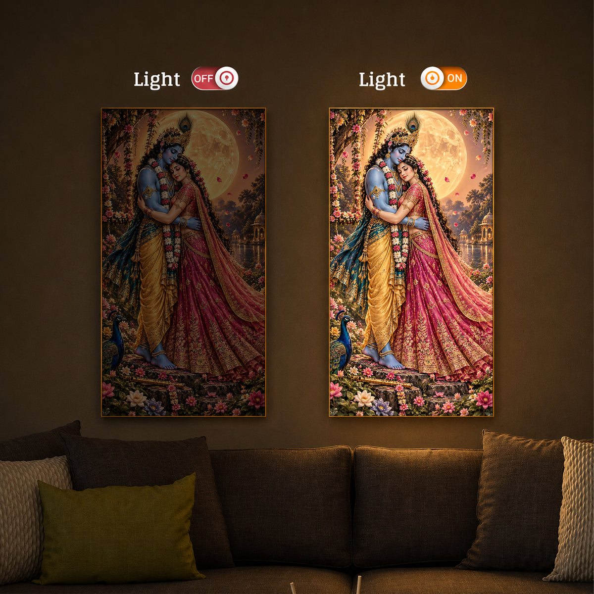 Divine Love of Krishna Radha Modern Luxury Backlight Vertical Wall Art