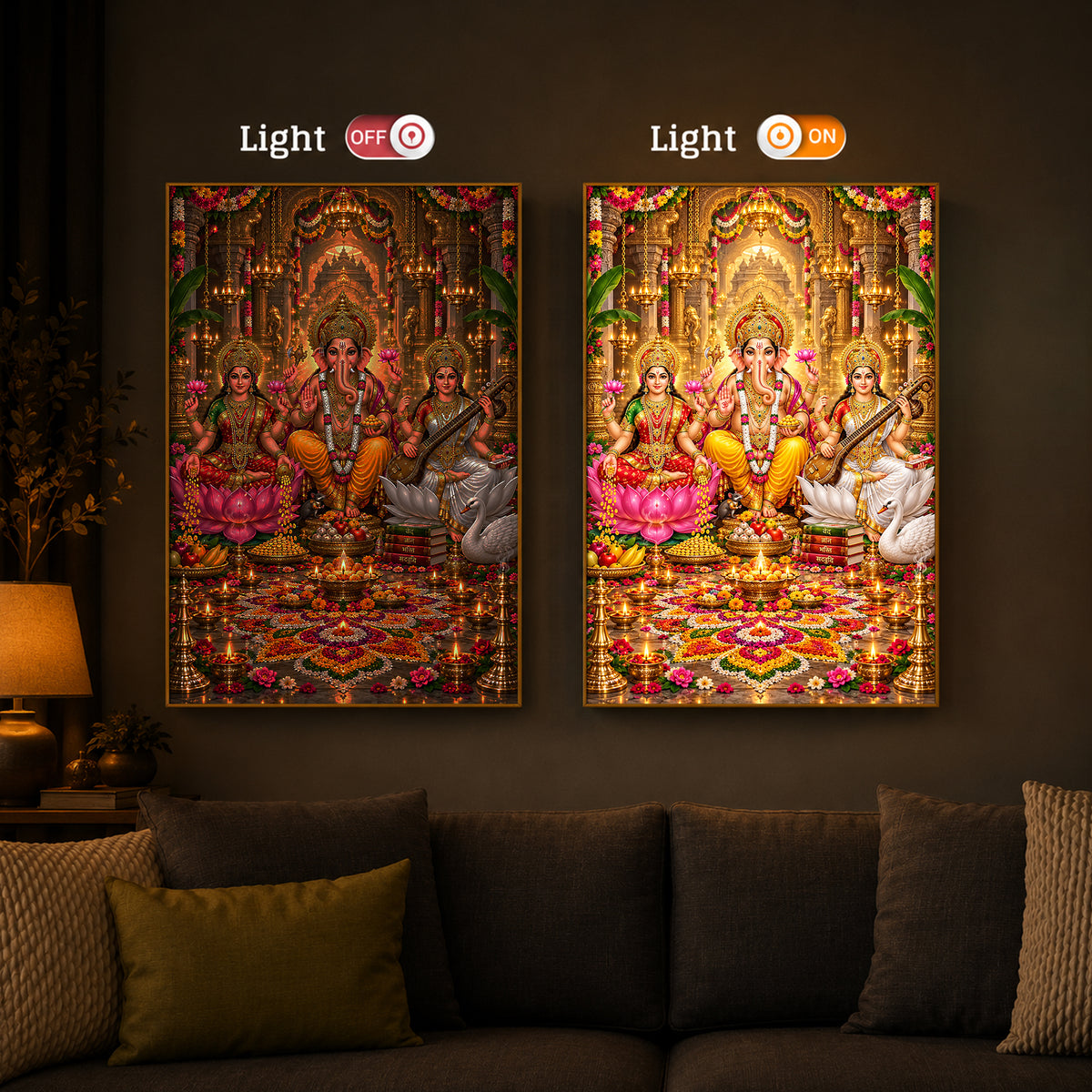 Maa Lakshmi, Lord Ganesha and Goddess Saraswati Modern Luxury Backlight Vertical Wall Art