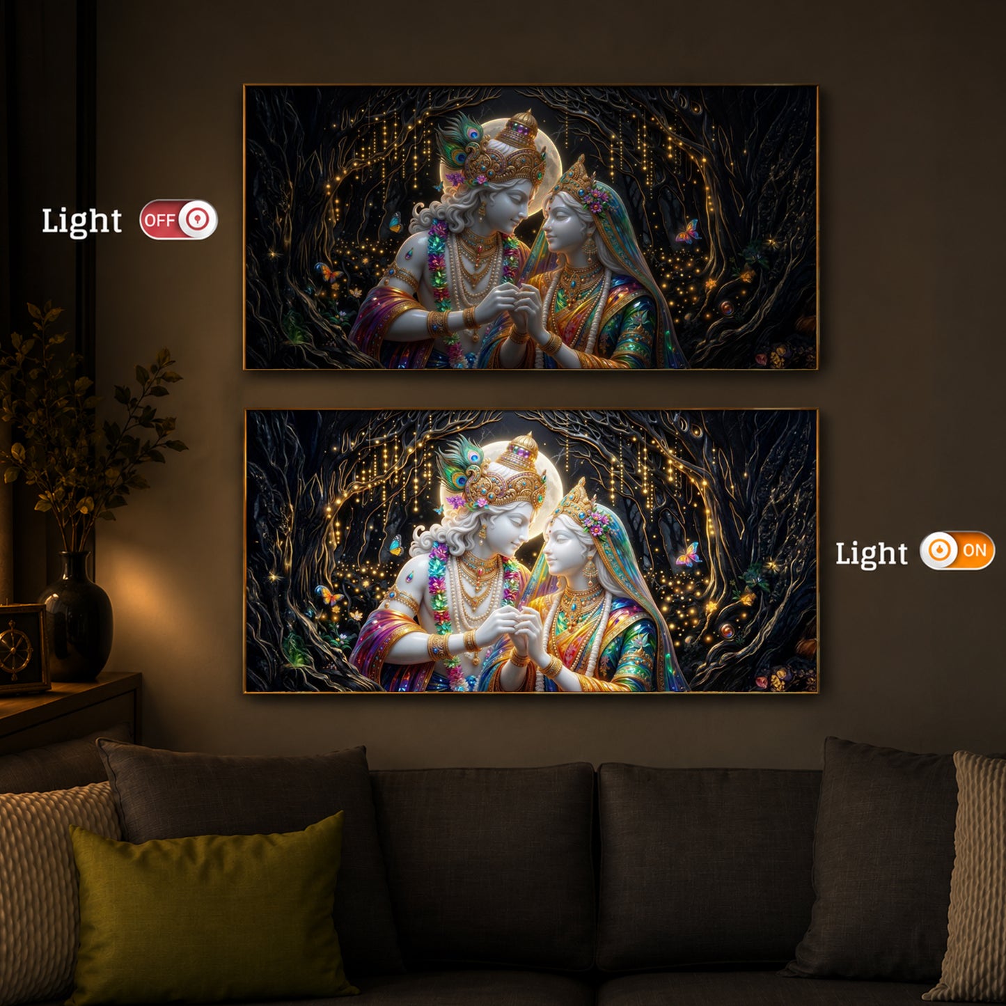 Spiritual Moonlight Radha Krishna Modern Luxury Backlight Horizontal Wall Art