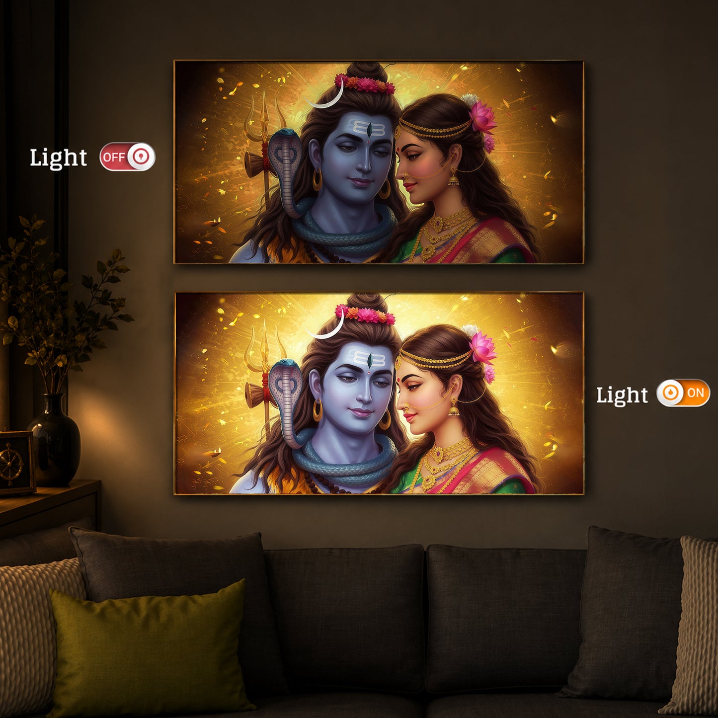 Shiv Parvati Modern Luxury Backlight Horizontal Wall Art