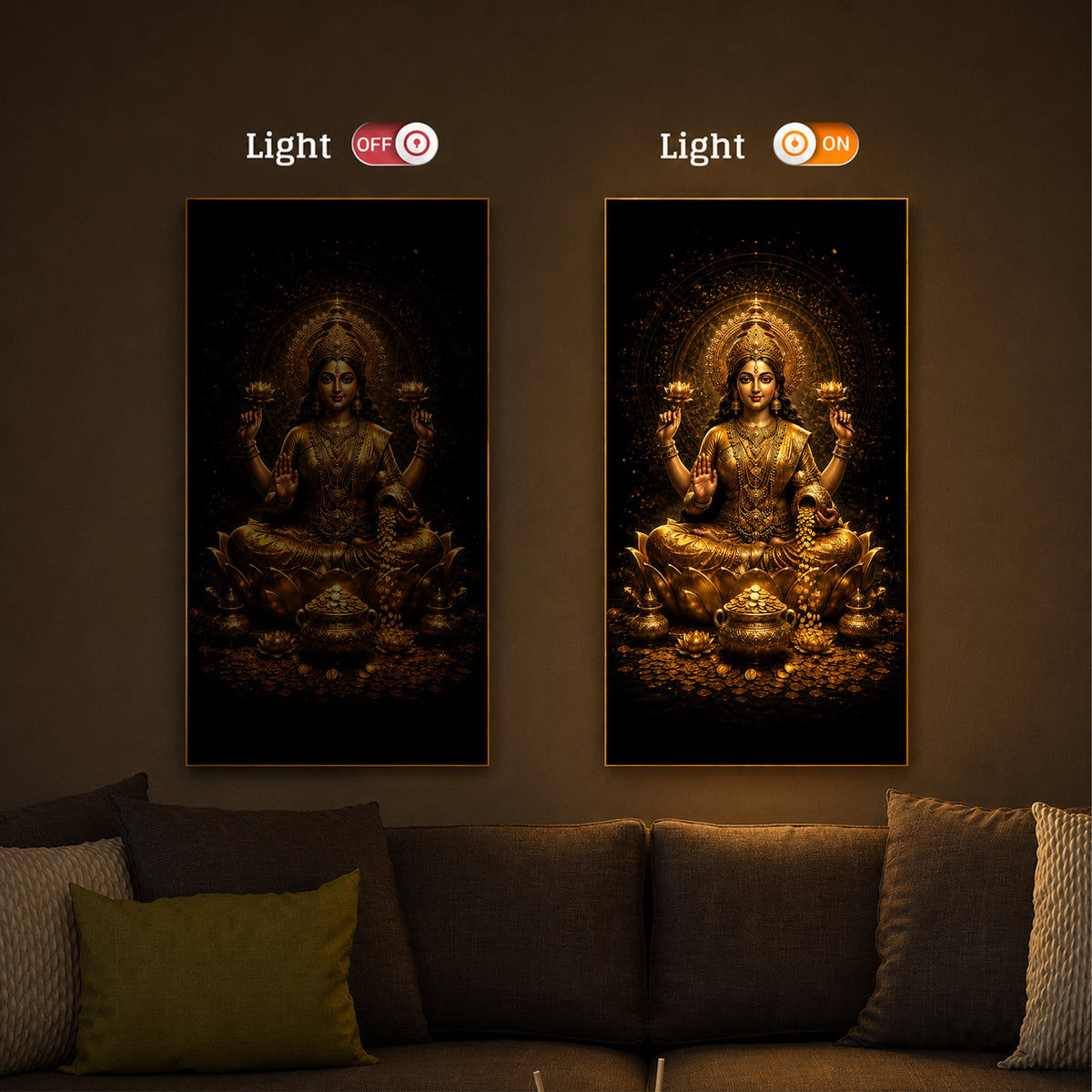 Divine Goddess Laxmi Golden Lotus Modern Luxury Backlight Vertical Wall Art