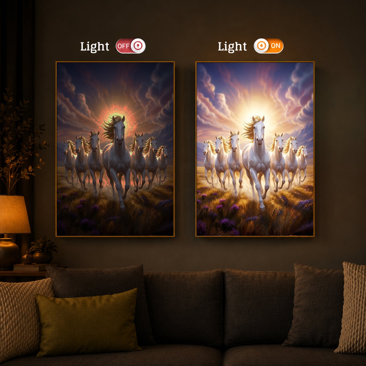 Seven Horses Running Together Modern Luxury Backlight Vertical Wall Art
