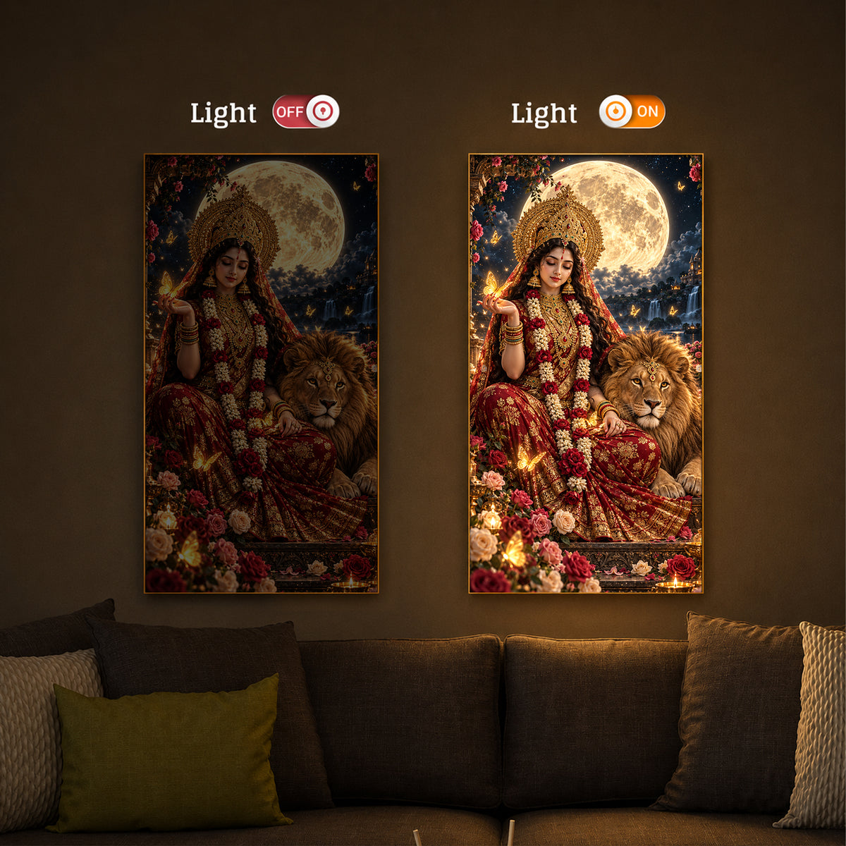 Maa Durga Moonlit Modern Luxury Backlight Vertical Wall Art