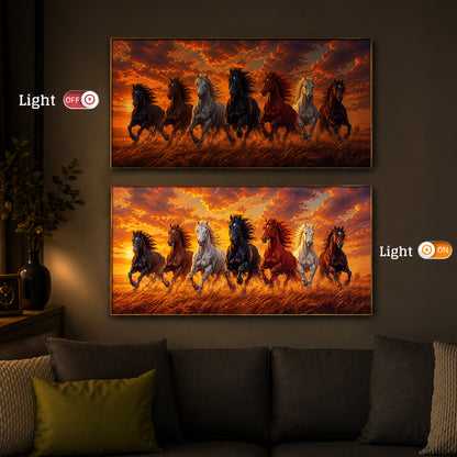 7 Running Horses With Sunset Modern Luxury Backlight Horizontal Wall Art