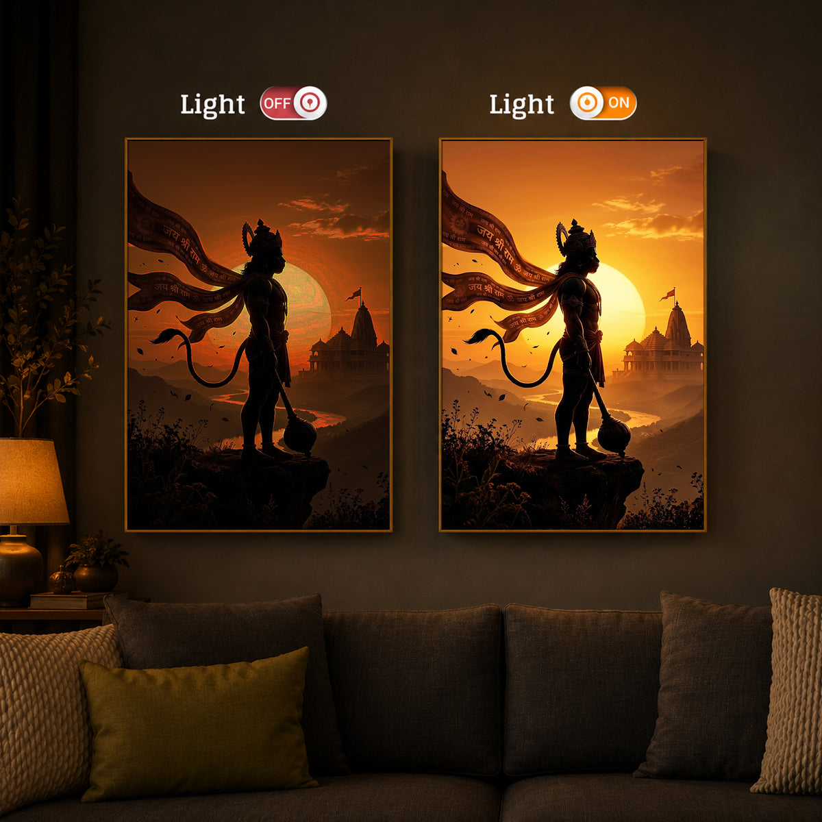 Lord Hanuman With Sunrise Modern Luxury Backlight Vertical Wall Art