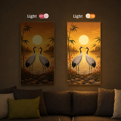 Sunset Crane Pair Modern Luxury Backlight Vertical Wall Art