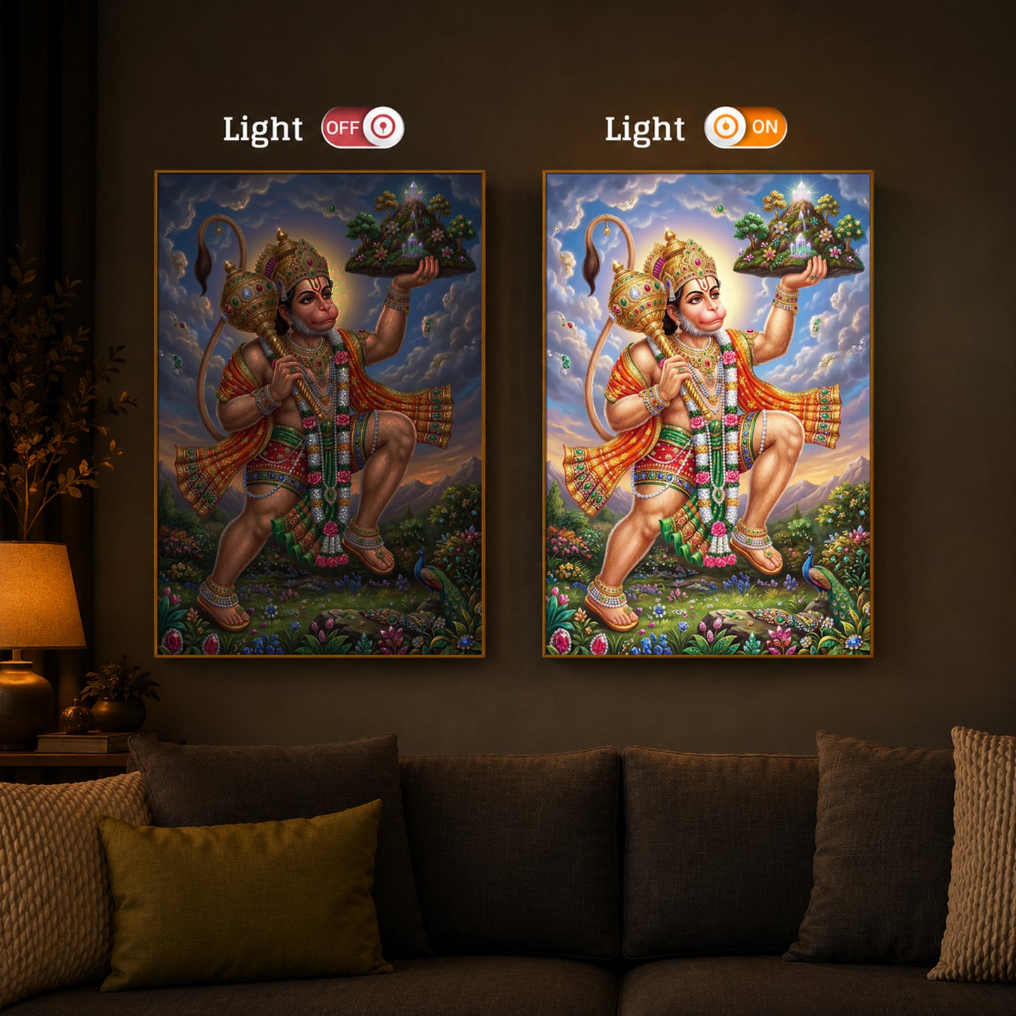 Lord Hanuman Carries The Mountain Modern Luxury Backlight Vertical Wall Art