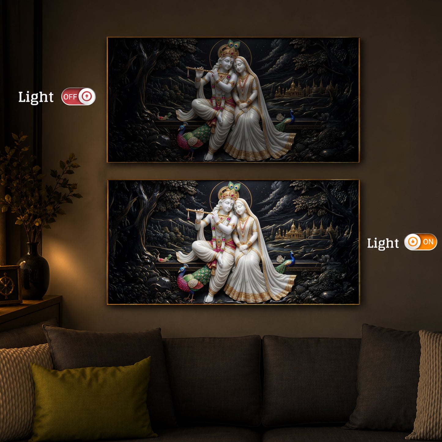 Divine Harmony Radha Krishna Modern Luxury Backlight Horizontal Wall Art