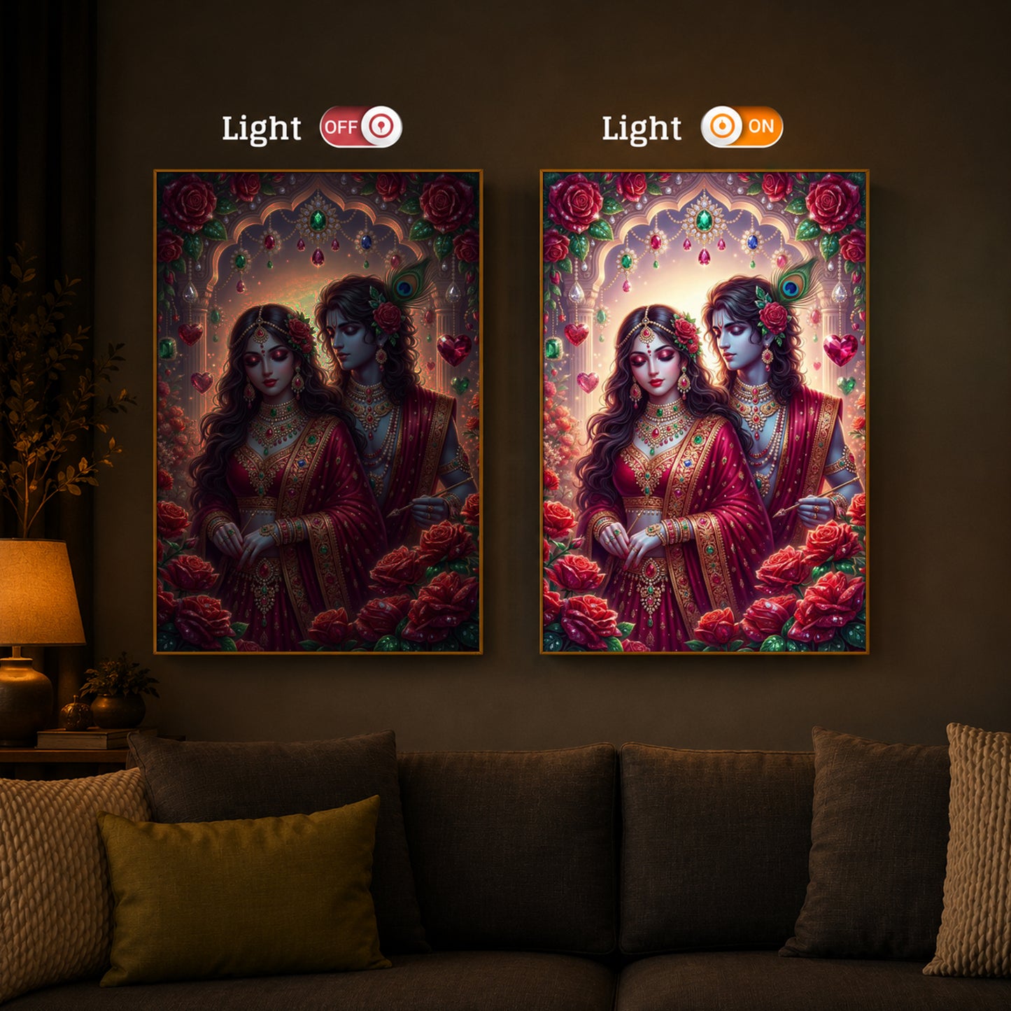 Radha Krishna Surrounded By Red Roses Modern Luxury Backlight Vertical Wall Art