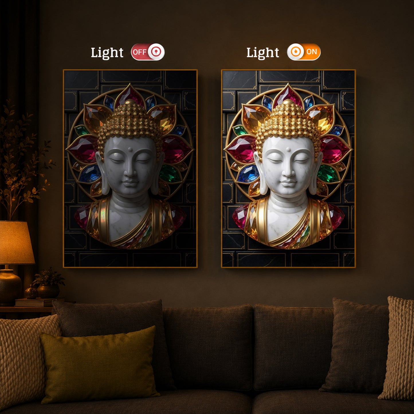 White Buddha Face Modern Luxury Backlight Vertical Wall Art