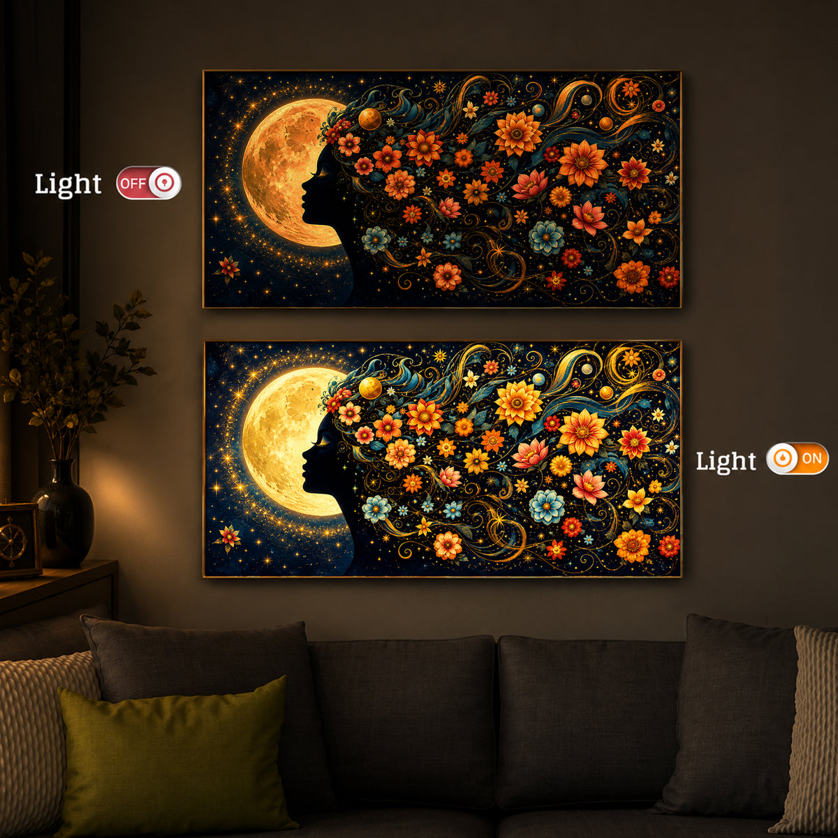 Dreamy Moon Girl Modern Luxury Backlight Horizontal Wall Art
