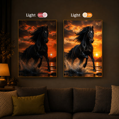 Vastu Black horse Modern Luxury Backlight Vertical Wall Art