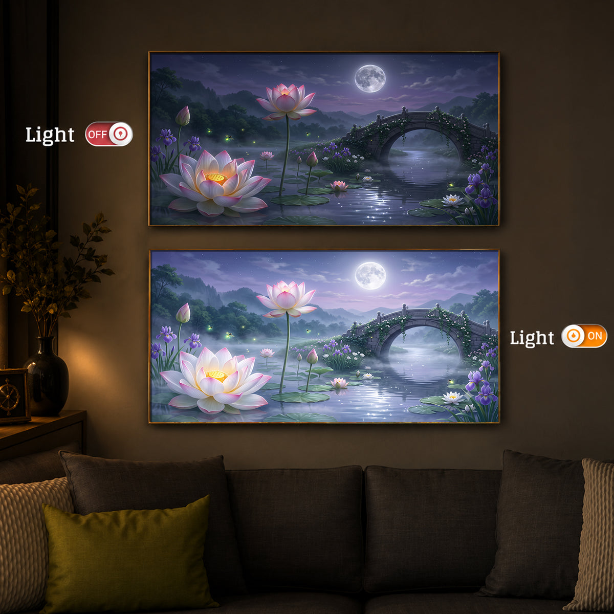 Moonlit Lotus Bridge Modern Luxury Backlight Horizontal Wall Art