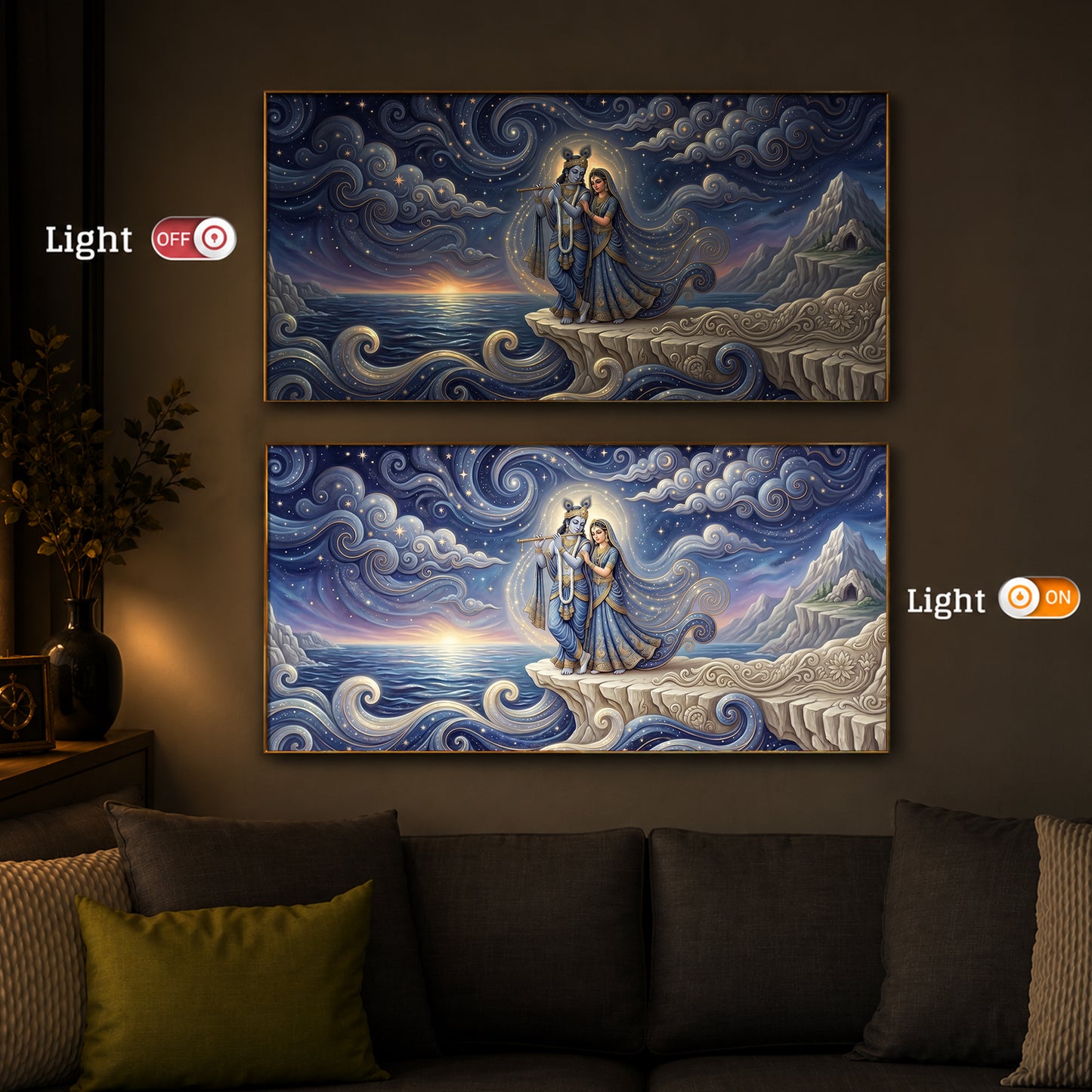 Divine Couple Radha Krishna With Flute Modern Luxury Backlight Horizontal Wall Art