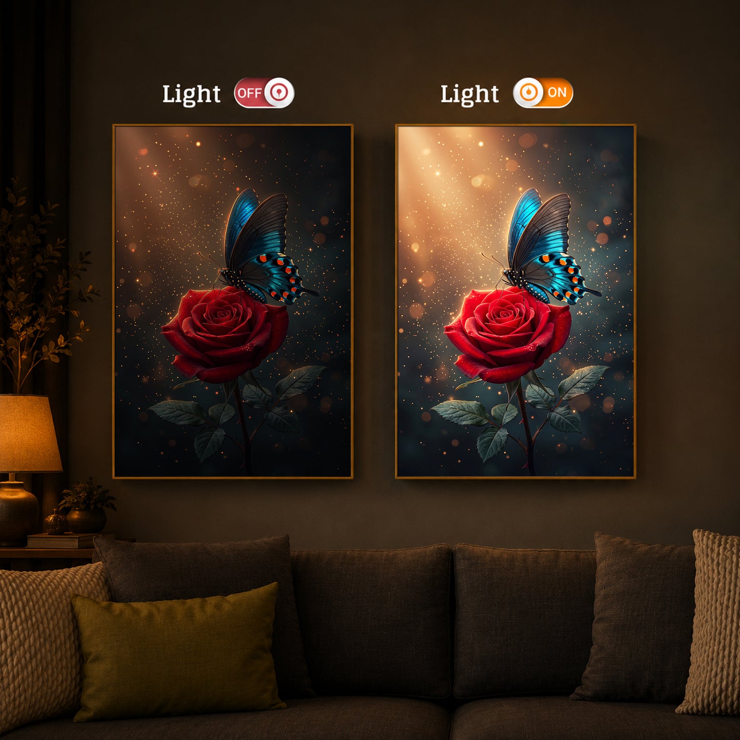 Enchanted Red Rose & Blue Butterfly Modern Luxury Backlight Vertical Wall Art