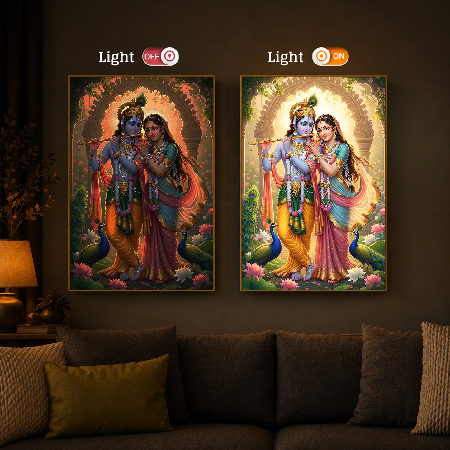 Loving Shri Radhe Krishna Modern Luxury Backlight Vertical Wall Art