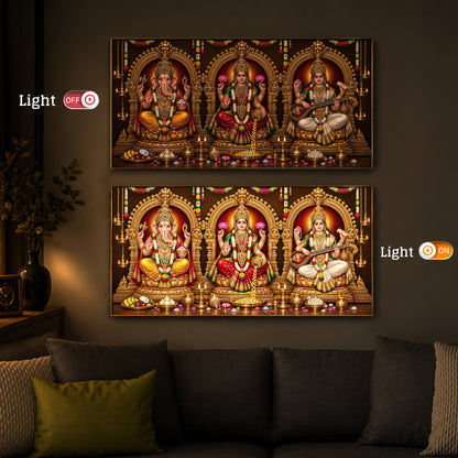 Lord Ganesha, Goddess Lakshmi, and Goddess Saraswati Modern Luxury Backlight Horizontal Wall Art
