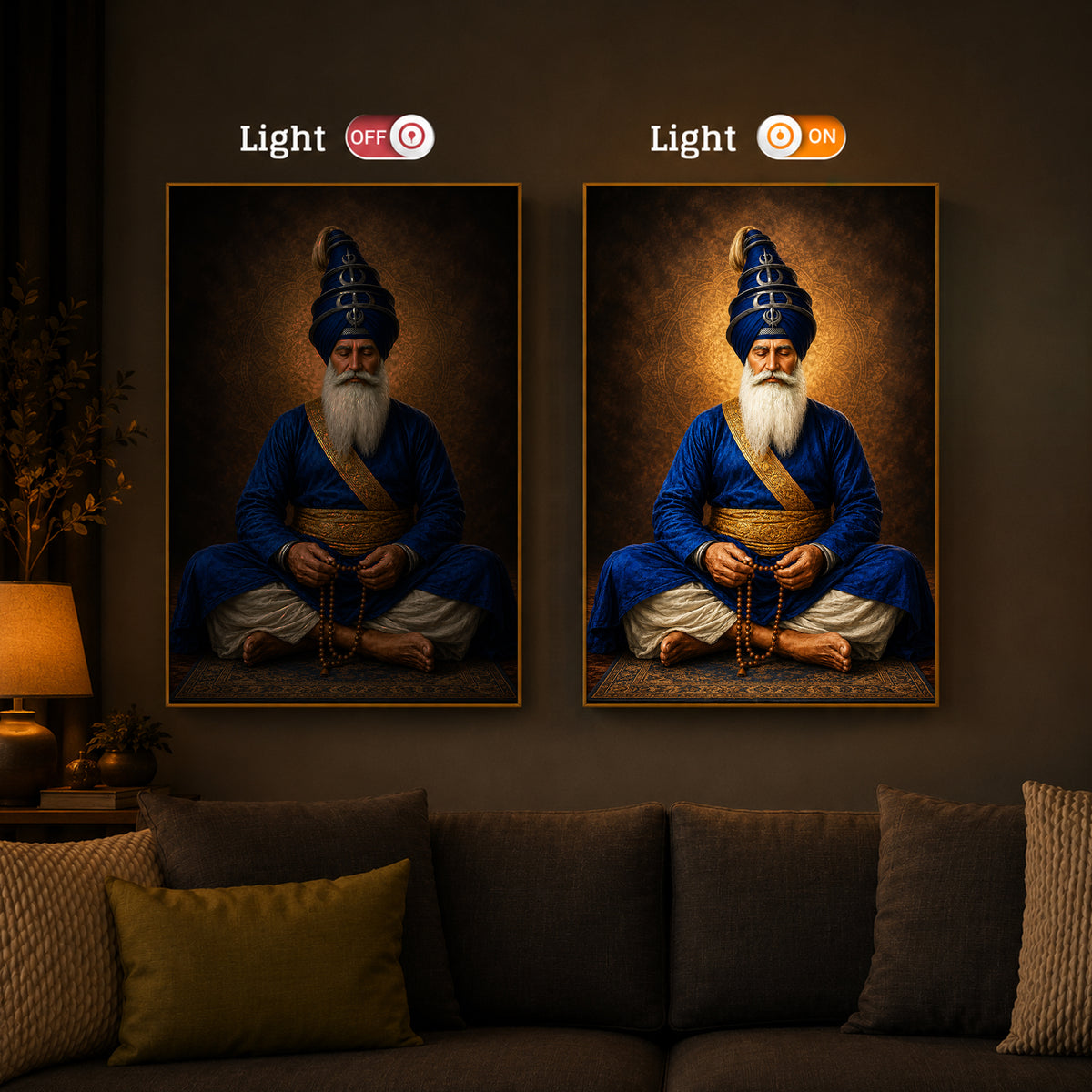 Divine Meditating Sikh Warrior Saint Modern Luxury Backlight Vertical Wall Art