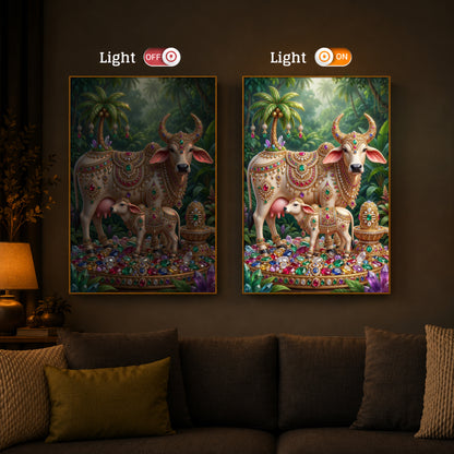 Kamadhenu Cow With Shiv Ji Modern Luxury Backlight Vertical Wall Art